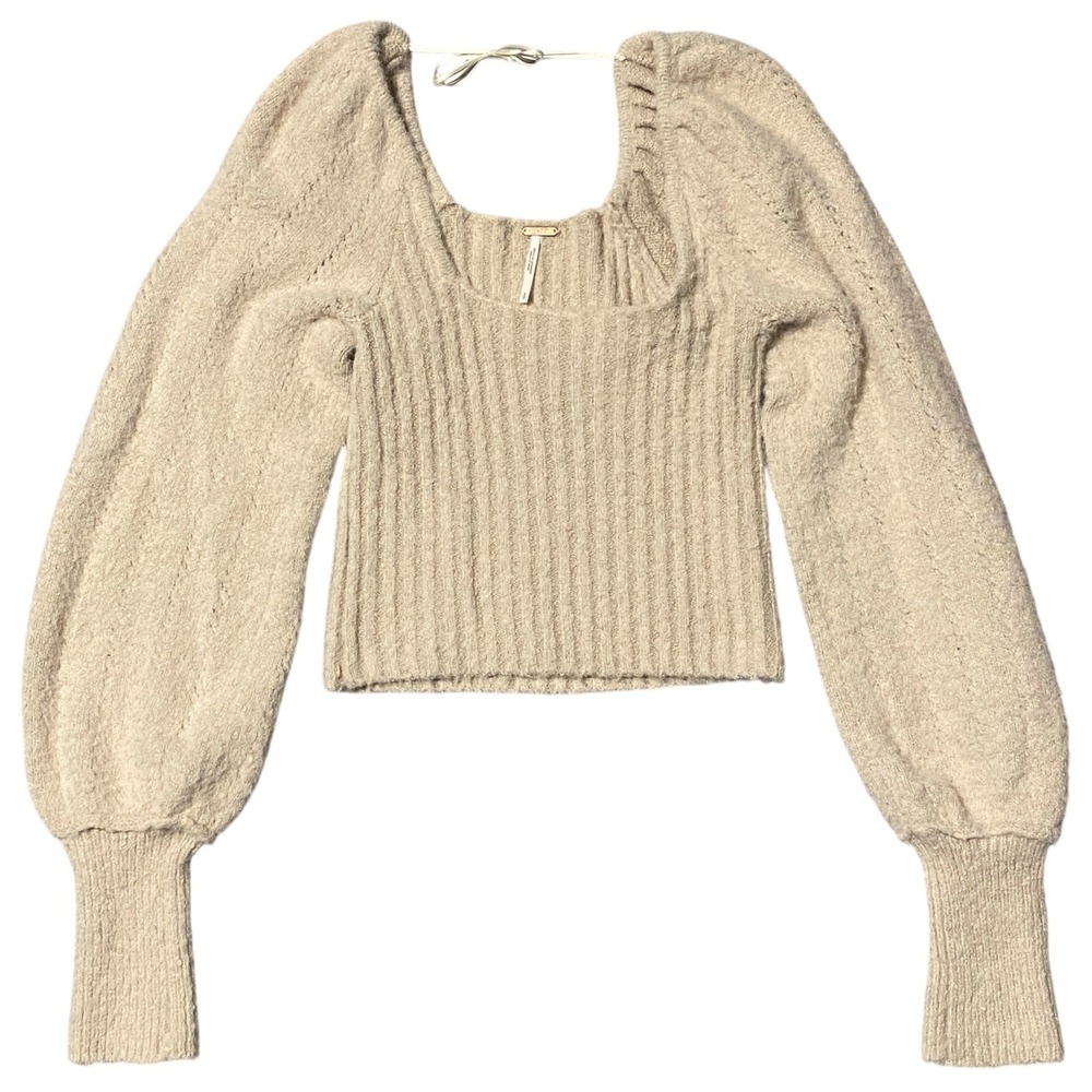 Free‎ People Square Neck Puff Sleeve Ribbed Knit Sweater Beige Size SP